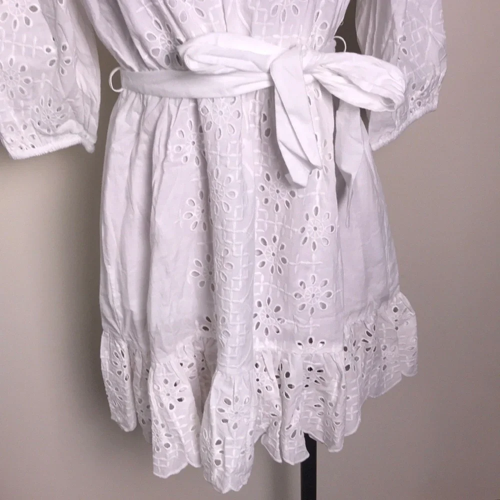 J. Crew Eyelet Ruffle Scalloped White Dress Tie